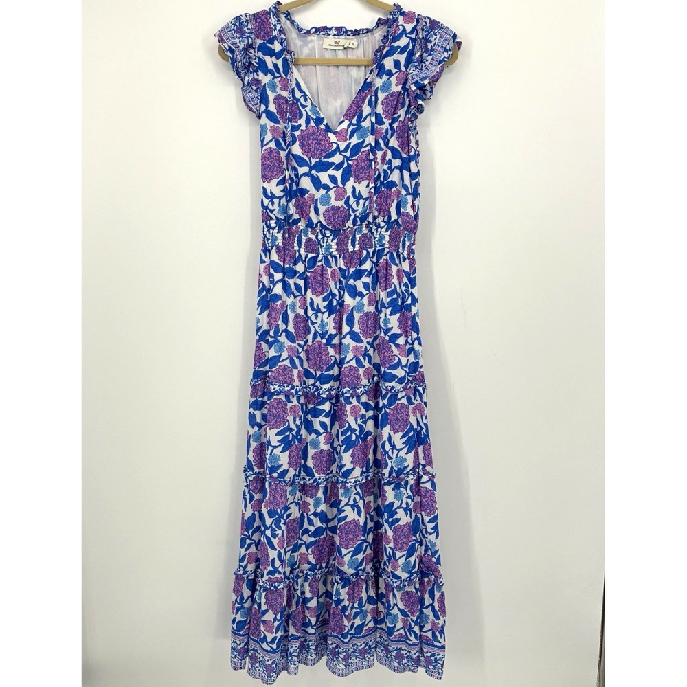 Vineyard Vines Floral V-Neck Cap Sleeve Ruffle Smocked Midi Dress XS
